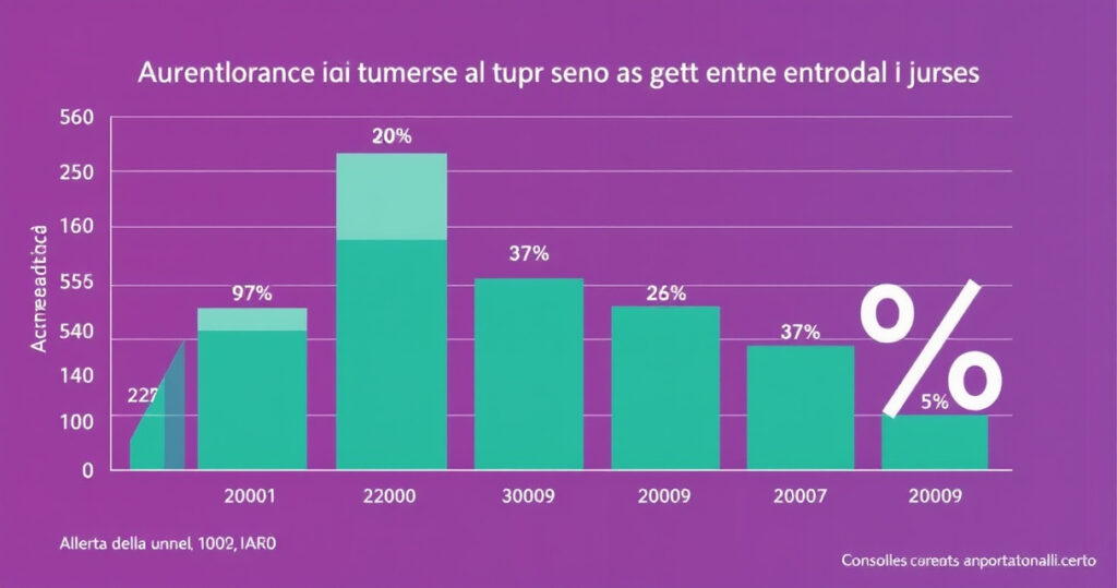 "Grafico che illustra l'aumento del 39% dei casi di tumore al seno entro il 2050, secondo l'allerta della IARC."